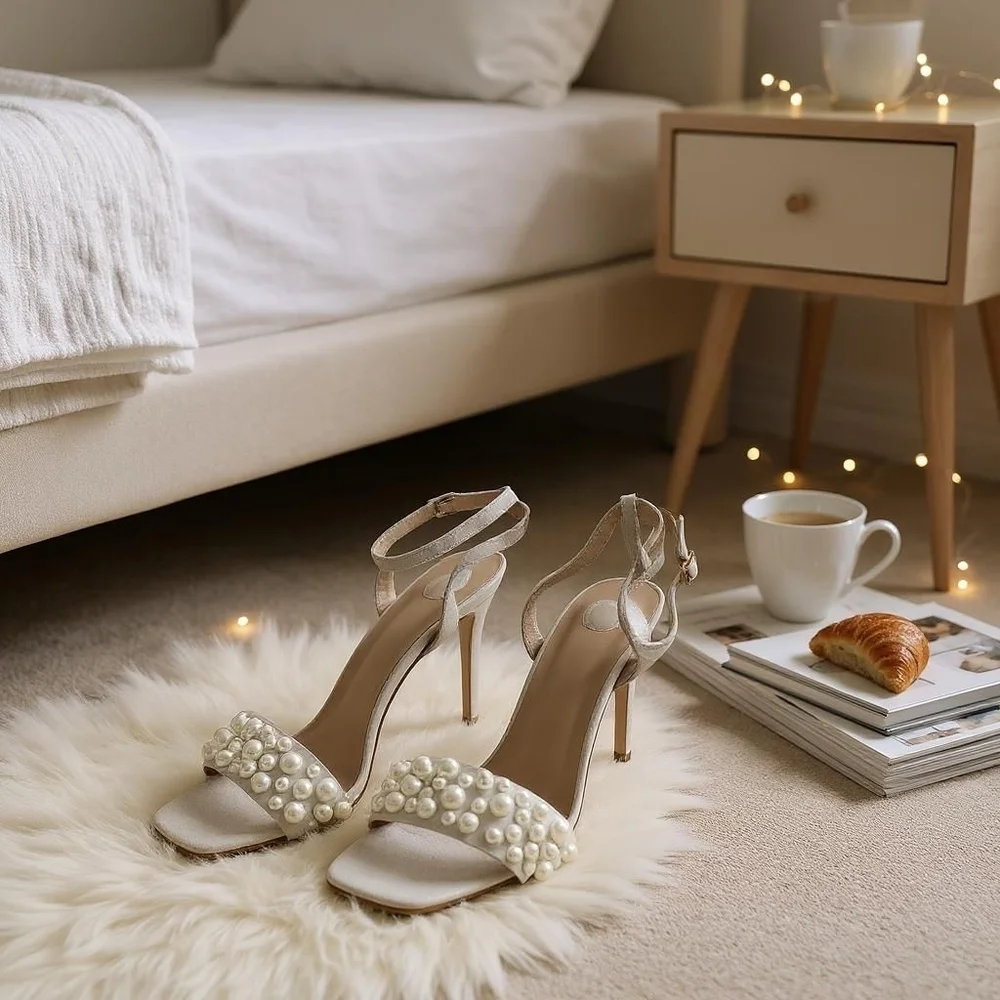 Journee Collection Nude Cream Beige Microsuede Pearl Heel Sandals SZ 9.5 M